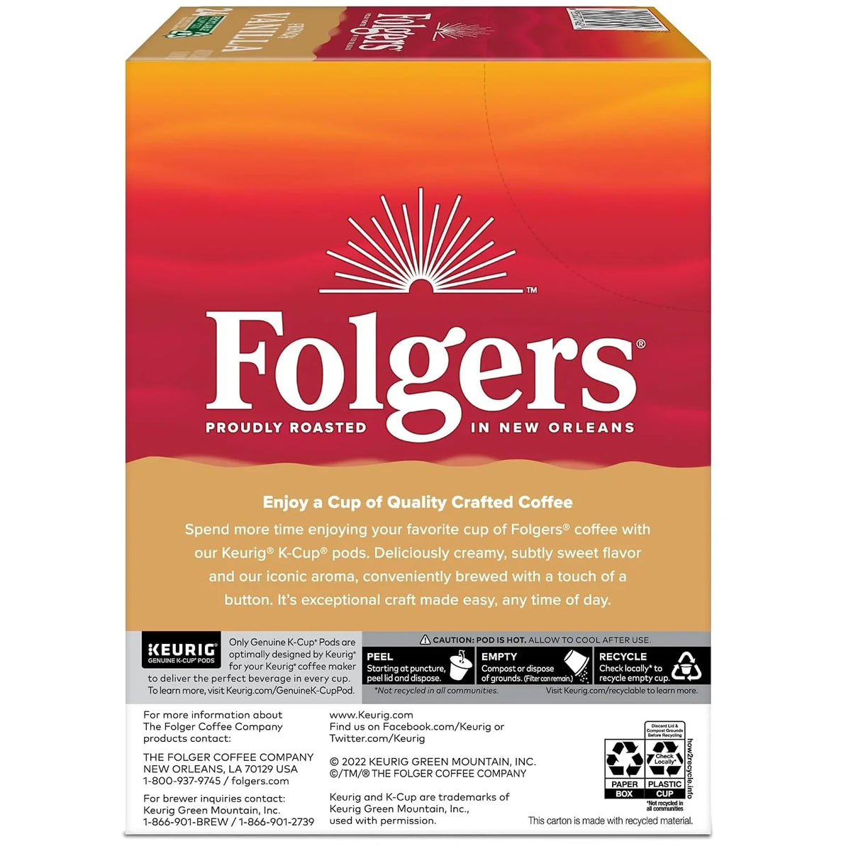 Folgers French Vanilla Keurig Single Serve K-Cup Pods, 24 Pods Per Pack, Case Of 4 Packs