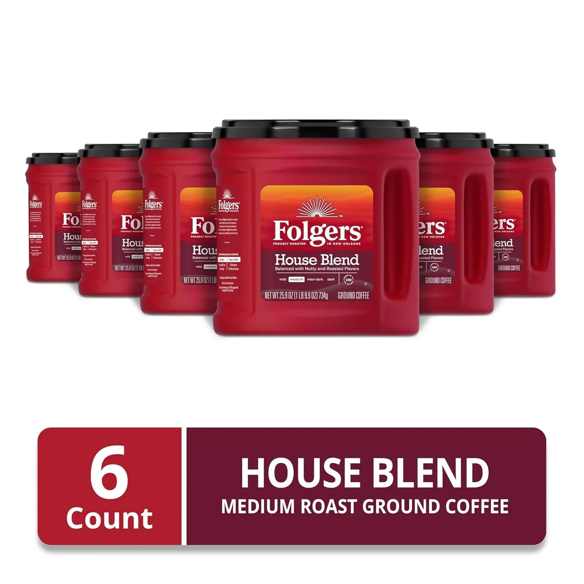 Folgers House Blend Ground Coffee, Medium Roast, 6 (25.9 Oz.) Canisters