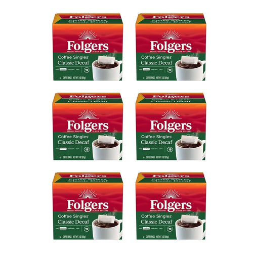 Folgers Coffee Singles Medium Roast Decaf Coffee Bags, 19 Count (Pack of 6)