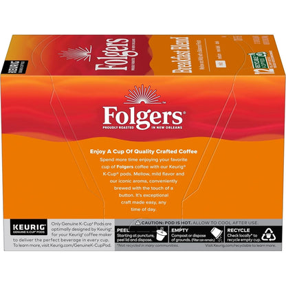 Folgers Breakfast Blend Coffee, Mild Roast, Keurig K-Cup Pods, 72 Count