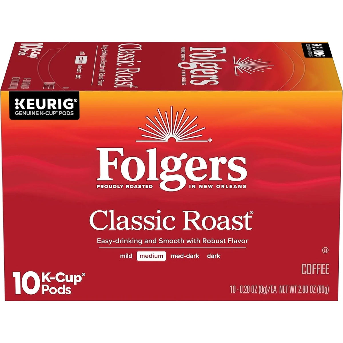 Folgers Classic Roast Coffee, Medium Roast, Keurig K-Cup Pods, 10 Count Box