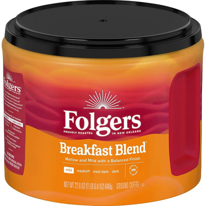 Folgers Breakfast Blend Ground Coffee, Mild Roast, 6 Canisters
