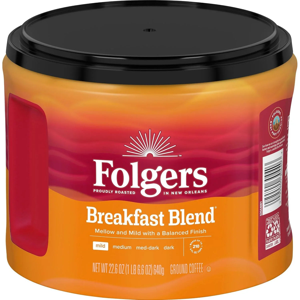 Folgers Breakfast Blend Ground Coffee, Mild Roast, 6 Canisters