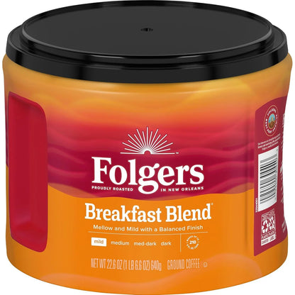Folgers Breakfast Blend Ground Coffee, Mild Roast, 6 Canisters