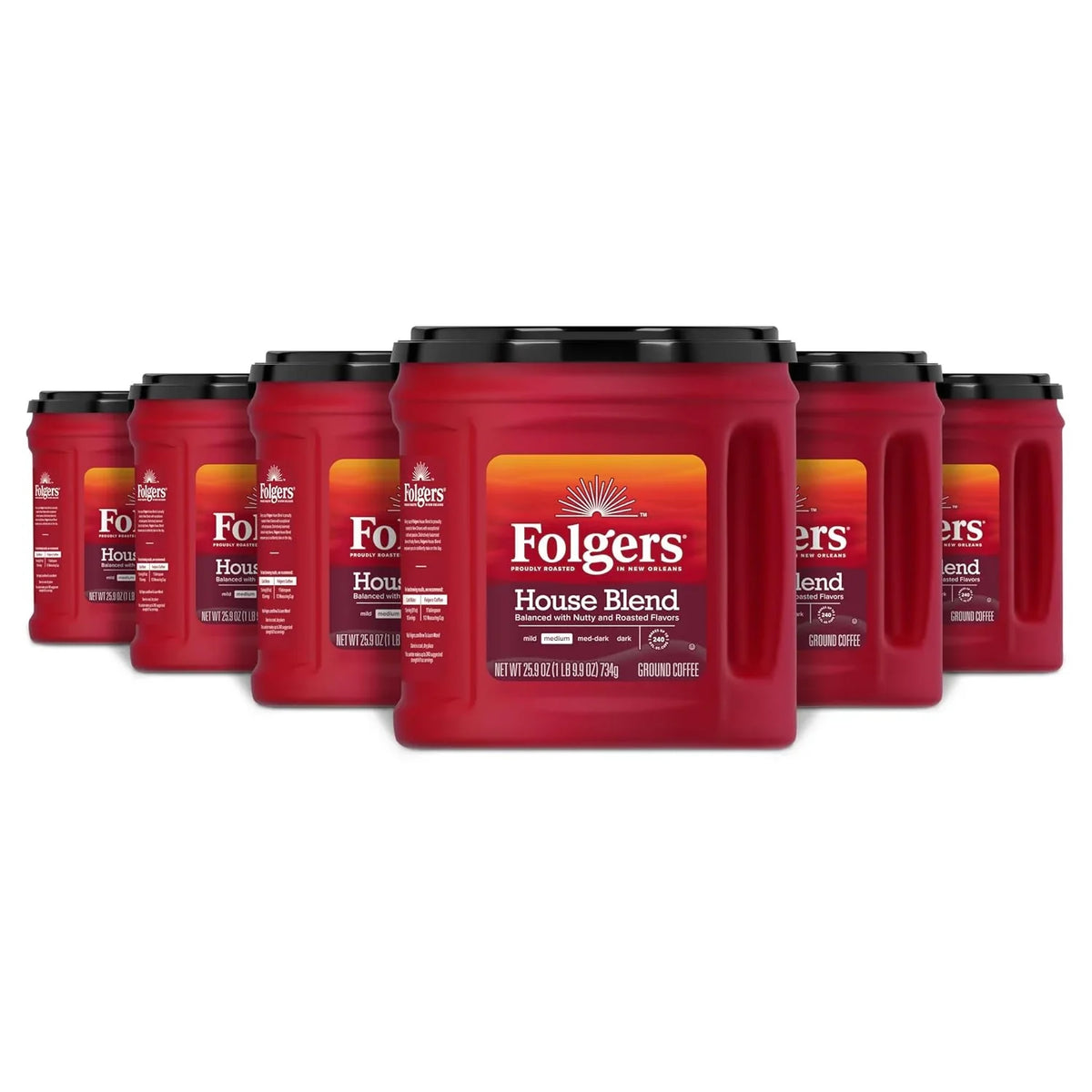 Folgers House Blend Ground Coffee, Medium Roast, 6 (25.9 Oz.) Canisters
