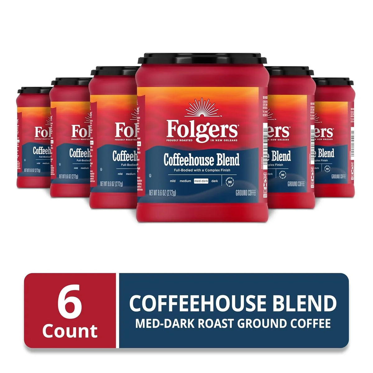 Folgers Coffeehouse Blend Ground Coffee, 6 (9.6-Oz.) Canisters