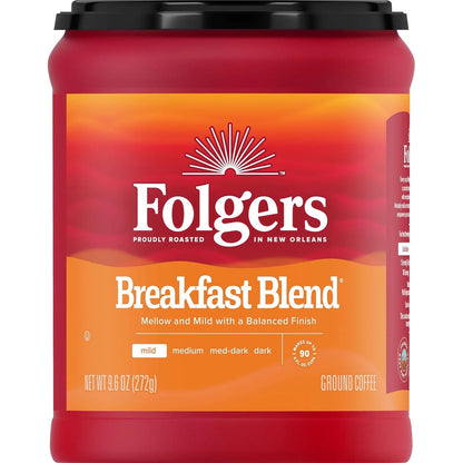 Folgers Breakfast Blend Ground Coffee, Smooth & Mild Coffee, 9.6 Ounce Canister