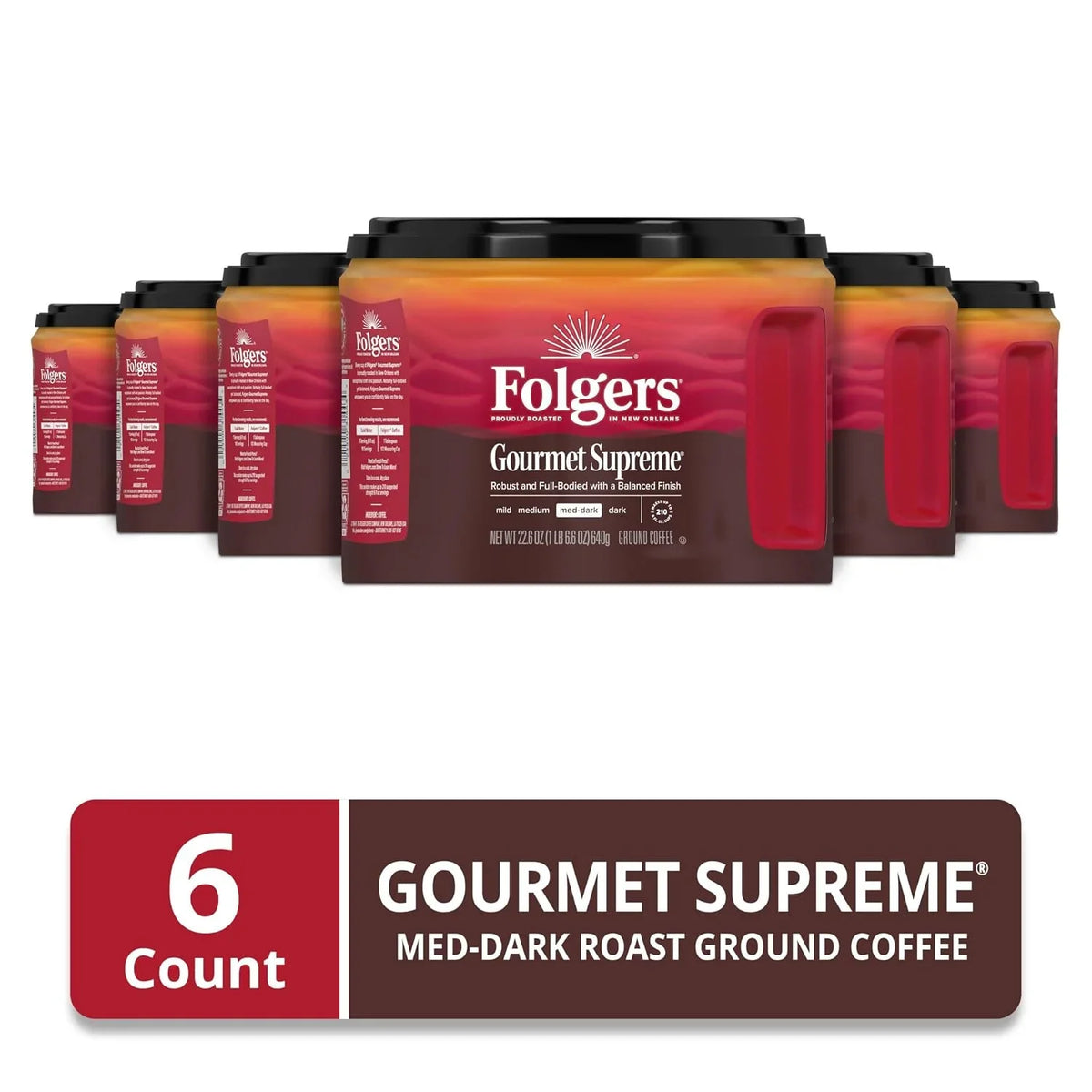 Folgers Gourmet Supreme Ground Coffee, Medium-Dark, 6 (22.6 Oz.) Canisters