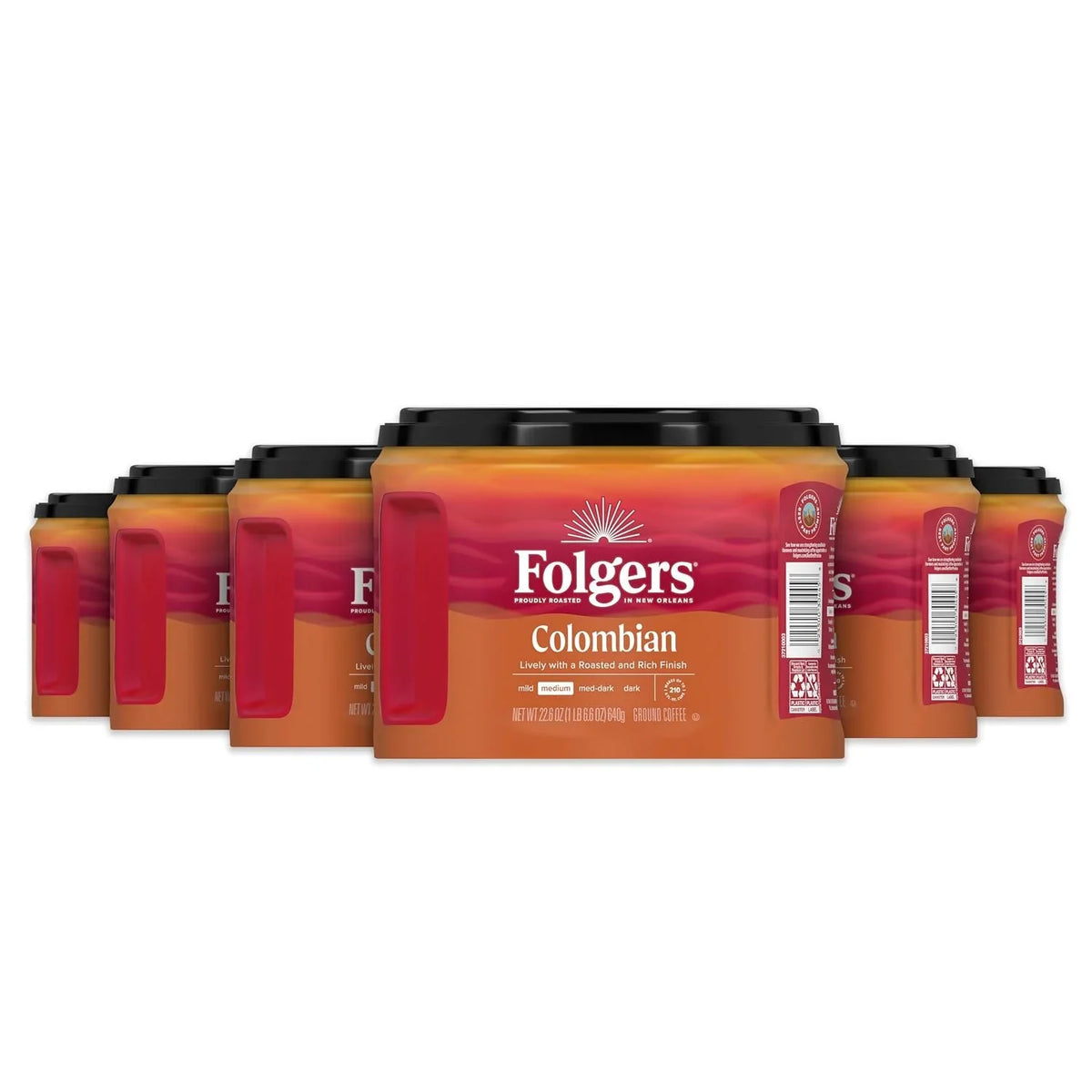 Folgers Colombian Ground Coffee, Medium Roast, 6 Canisters
